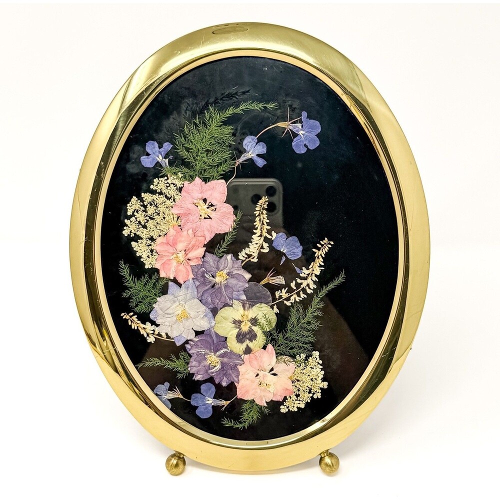Vintage Pressed Flower Art Oval Gold Frame Real Dried Floral Botanical 11”